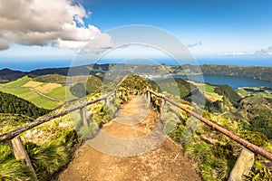 Walking path leading to a view on the lakes of Sete Cidades and Santiago in Sao Miguel, Azores