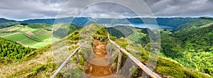 Walking path leading to a view on the lakes of Sete Cidades