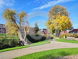 Walking path in a public park in autumn. photo