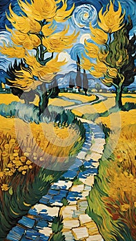 Walking path vision painting artwork with van gogh style AI Generated