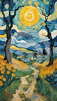 Walking path vision painting artwork with van gogh style AI Generated