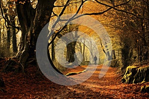 walking the path through the woods in autumn