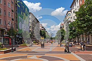 Walking people on Boulevard Vitosha in city of Sofia, Bulgaria