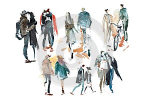 Walking people Outerwear Autumn Watercolor illustration Sketch drawing