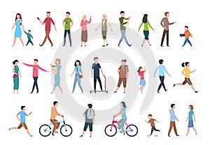 Walking people. Persons in casual clothes, crowd walks in city. Vector human characters set photo