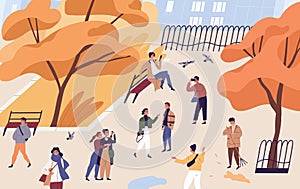Walking people spend time in autumn city park. Modern characters stroll and rest outdoors. Seasonal recreational