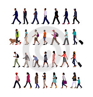 Walking person male, female, business person sihouette illustration collection side view