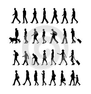 Walking person male, female, business person sihouette illustration collection side view