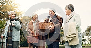 Walking, picnic and senior friends in the park together for bonding or conversation during retirement. Smile, basket and