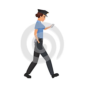 Walking policewoman with mobile phone