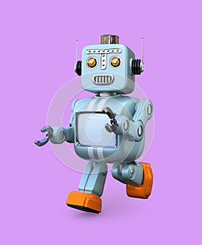 Walking retro robot isolated on purple background