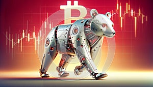 walking robot bear with symbol bitcoin on abstract red charts background, stock market. crypto