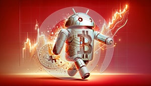 walking robot bear with symbol bitcoin on abstract red charts background, stock market. crypto