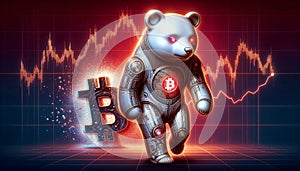 walking robot bear with symbol bitcoin which fall down, abstract red charts background