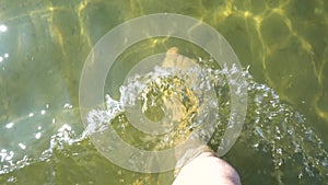 Walking in Shoal. Top view of barefoot man vacationer walking along the beach and sea waves washing his feet.