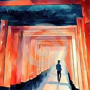 Walking through the shrine's tunnel of 1,000 torii gates with watercolor with Generative AI