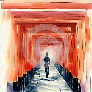 Walking through the shrine's tunnel of 1,000 torii gates with watercolor with Generative AI