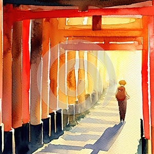 Walking through the shrine's tunnel of 1,000 torii gates with watercolor with Generative AI