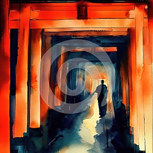 Walking through the shrine's tunnel of 1,000 torii gates with watercolor with Generative AI