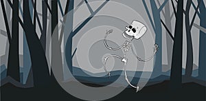 A walking skeleton in the night forest. A dancing dead man among the trees. Halloween or day of the dead, vector