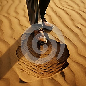 Walking in Solitude with Shoe Imprints on Sand