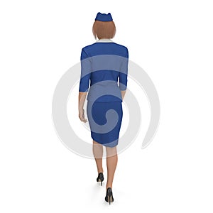 Walking Stewardess Dressed In Blue Uniform. 3D illustration, iosaled, on white photo