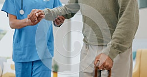 Walking stick, senior man and nurse holding hands for disability support, help or retirement nursing service. Elderly