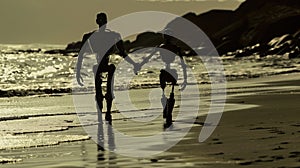 Walking together on the beach, a human and robot's silhouetted bond speaks to the exploration of companionship