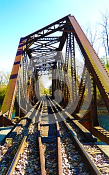 Walking the tracks on metal trestle over creek NYS