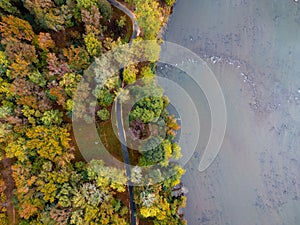 Walking trail through autumn woodlands along Catawba River in South Carolina, USA