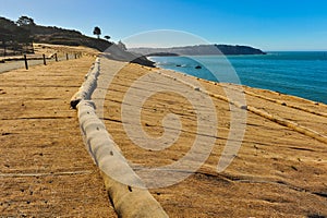 Walking trail next to ocean with erosion control mesh photo