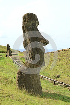 Walking trail for visitors on Rano Raraku volcano, the Moai statue quarry on Easter Island of Chile, UNESCO World Heritage