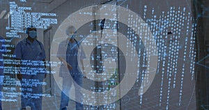 Walking two masked staff in scrubs with stethoscopes beside IV stand in corridor with code overlay