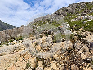 Walking up Pyg Track, Yr Wyddfa (Snowdon) highest mountain in Wales, Gwynedd, Wales photo