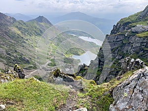 Walking up Pyg Track, Yr Wyddfa (Snowdon) highest mountain in Wales, Gwynedd, Wales photo