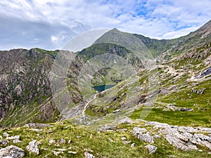 Walking up Pyg Track, Yr Wyddfa (Snowdon) highest mountain in Wales, Gwynedd, Wales photo