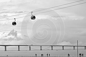 Walking way at Tagus riverside with cable car railway in Parque das Nacoes