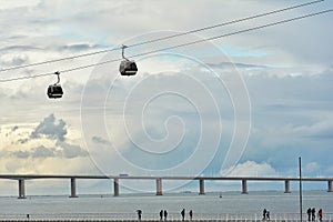 Walking way at Tagus riverside with cable car railway in Parque das Nacoes