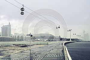 Walking way at Tagus riverside with cable car railway in Parque das Nacoes