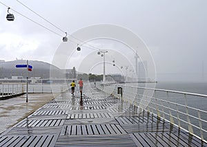 Walking way at Tagus riverside with cable car railway in Parque das Nacoes photo