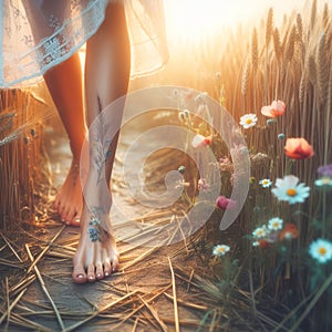 walking in wheat field at sunset. Beautiful female legs