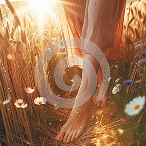 walking in wheat field at sunset. Beautiful female legs