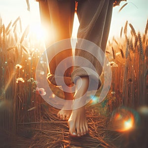 walking in wheat field at sunset. Beautiful male legs