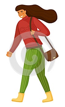 Walking woman with bag on shoulder, isolated cartoon character, young girl wearing warm sweater