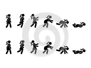 Walking woman stick figure pictogram set. Different positions of stumbling and falling icon set symbol posture on white.