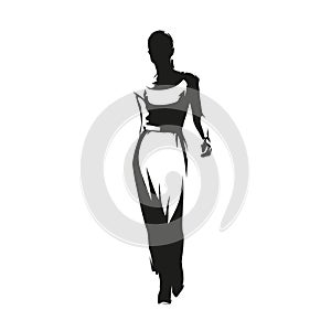 Walking woman in summer dress, catwalk, isolated vector silhouette, ink drawing. Female fashion model, front view