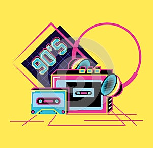 Walkman with headphones and cassette of nineties retro