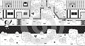 Walkthrough adventure game black and white line illustration