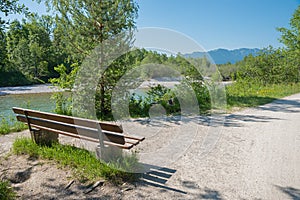 Walkway from Bad Tolz to Lenggries, along Isar river, with benche. upper bavaria