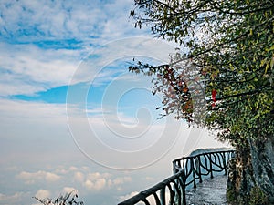 Walkway balcony on the Tianmen mountain cilff with beautiful White cloud and sky at zhangjiajie city China.